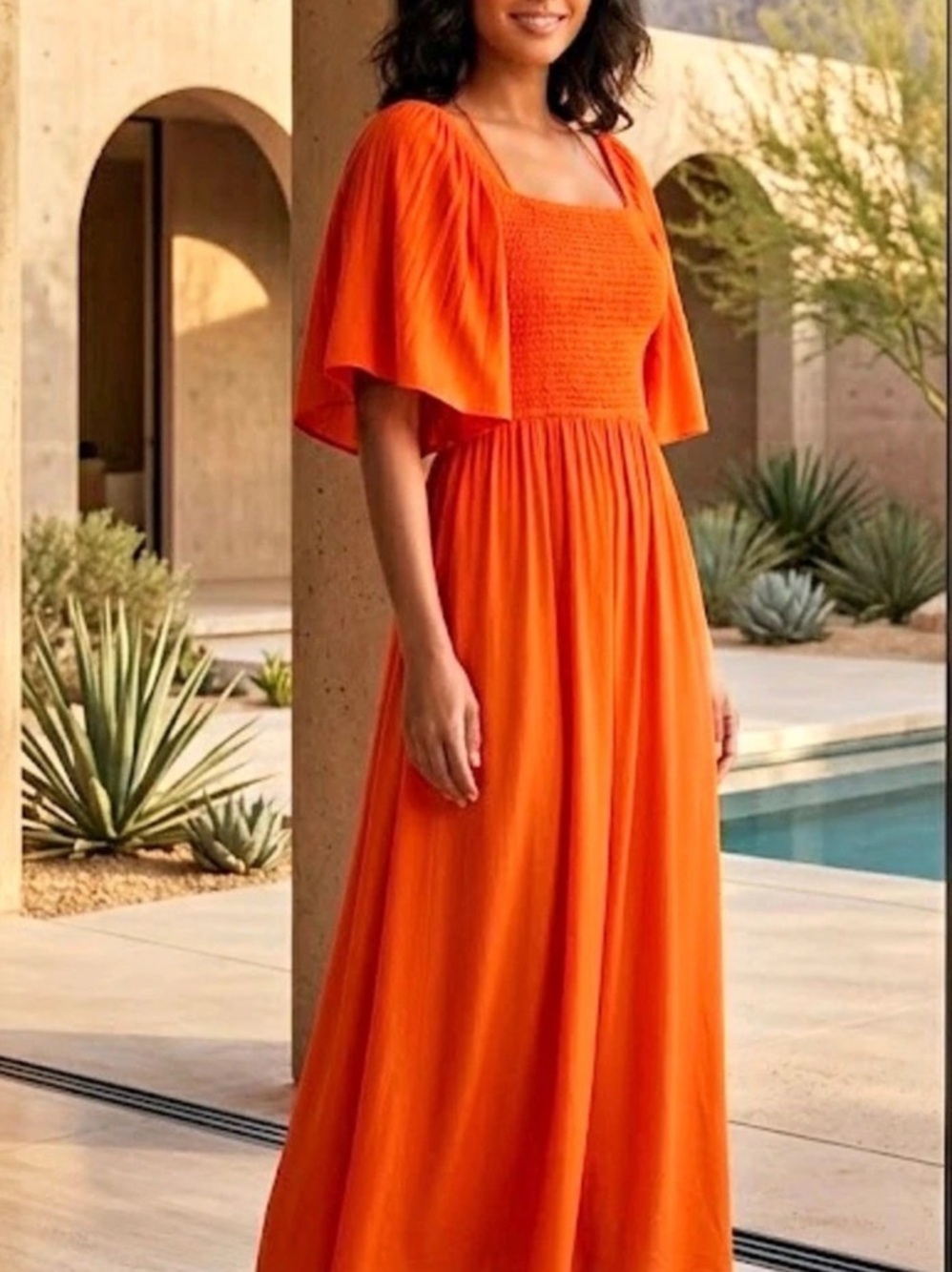 INC International Concepts Smocked Maxi Dress in Orange Size Large